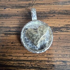 Two Toned Rustic Heart Pendant Charm Hammered Finish